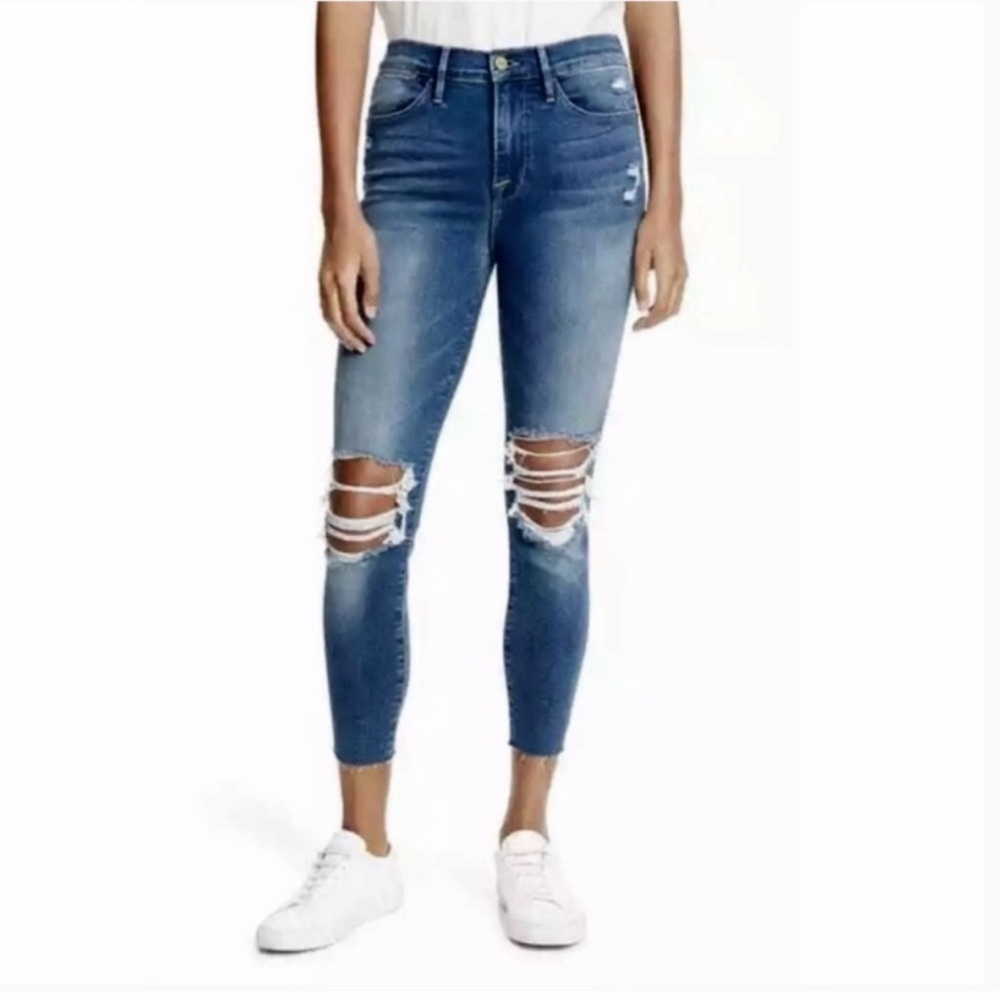 FRAME Le High Skinny Jeans 25 Navy Yard Distressed High Rise Stretch Denim